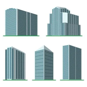Set of five modern high-rise building on a white background Stock Illustration
