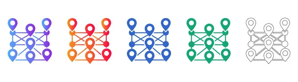 Set of Five Network Location Mapping Icons Stock Illustration