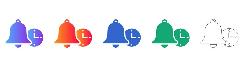 Set of Five Notification Bell and Clock Icons Stock Illustration
