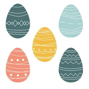 Set of five pastel Easter eggs, flat vector clipart illustration, simple st.. Stock Illustration