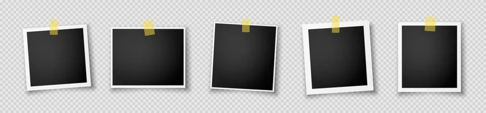 A set of five realistic photo frames with black inserts and sticky tapes. イラスト素材