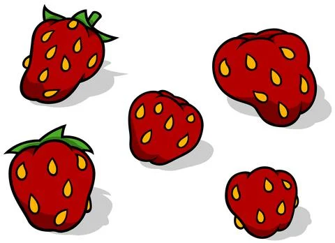 Set of Five Red Strawberries with Yellow Seeds Stock Illustration