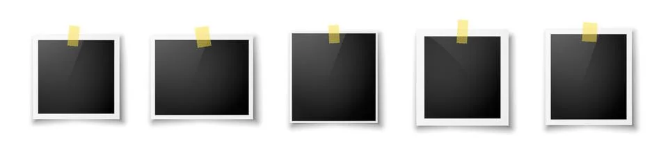 A set of five retro photo frames with black inserts and sticky tapes on a white イラスト素材