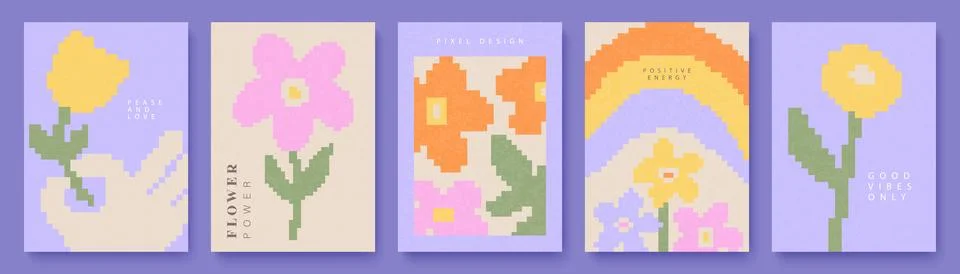 Set of five retro pixel flower illustrations. Abstract design with flowers Stock Illustration