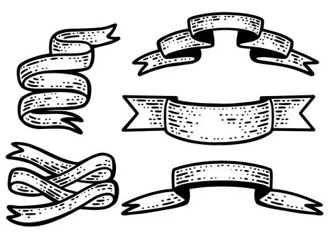Set, five ribbons. Line art sketch picture. Hand drawn. Stock Illustration