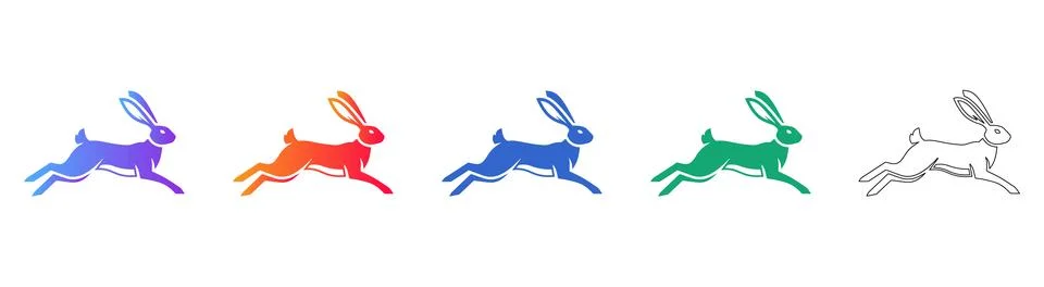 Set of Five Running Rabbit Icons in Gradient and Line Art Illustration