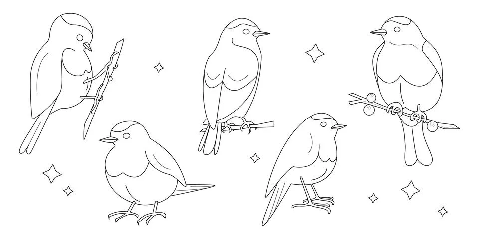 Set of five silhouettes of small birds Stock Illustration