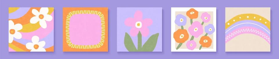 Set of five square greeting cards with pastel floral and abstract designs. The Stock Illustration