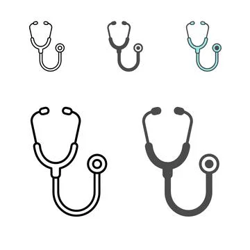 Set of five stethoscope icons in different styles and colors, including out.. Stock Illustration