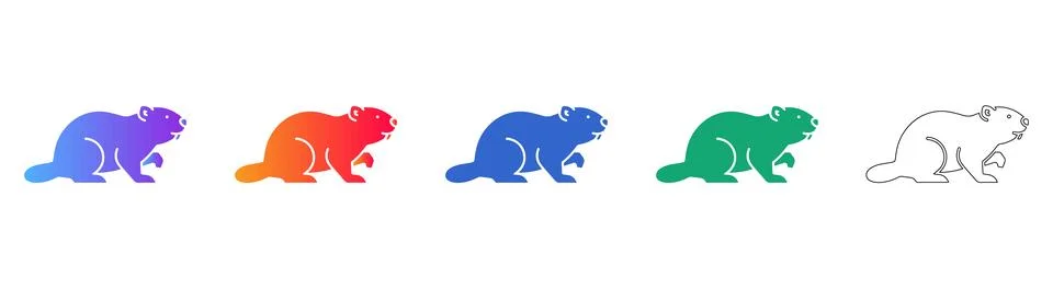 Set of Five Stylized Beaver Icons in Various Colors Stock Illustration