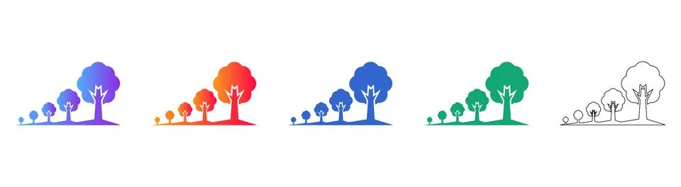 Set of Five Stylized Tree Growth Icons in Gradient and Line Art Stock Illustration