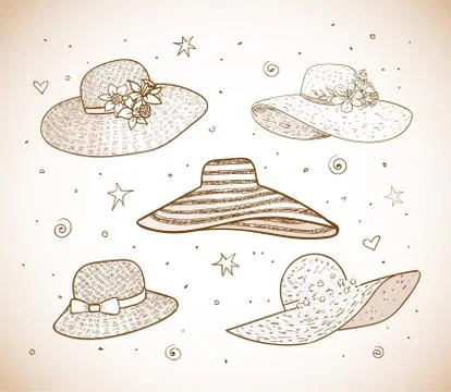 Set of five summer hats Illustrazione stock