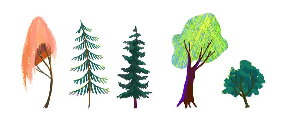 Set of five trees in Cartoon style. Vector illustration Stock Illustration