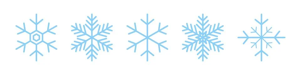 Set of five unique blue snowflake icons for winter holiday design Stock Illustration