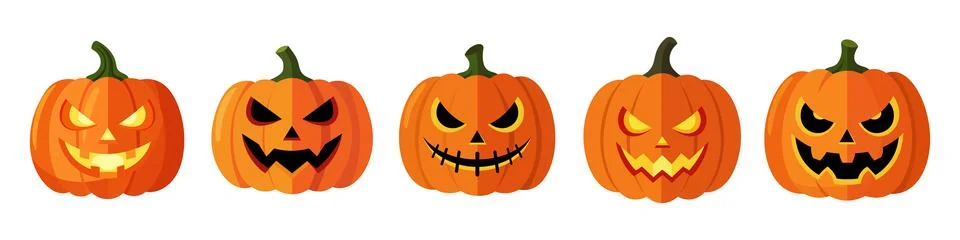 Set of five vector Halloween pumpkin illustrations featuring spooky carved .. Stock Illustration
