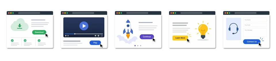 Set of five vector website landing page templates and UI promotional banners  Illustrazione stock