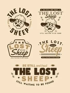 Set of five vintage badge style design featuring cartoon lost sheep and han.. Stock Illustration