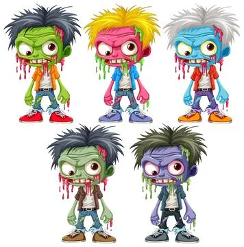 Set of Five Zombie Cartoon Characters Stock Illustration