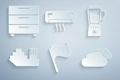 Set Flag, Blender, Cargo ship, Cloud, Air conditioner and Furniture nightstand Illustrazione stock