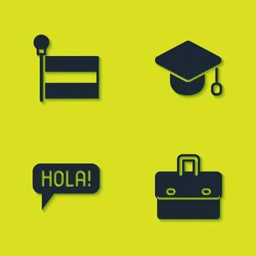 Set Flag, Briefcase, Hola in different languages and Graduation cap icon. Vector Stock Illustration