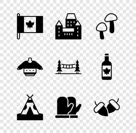 Set Flag of Canada, Chateau Frontenac hotel, Mushroom, Indian teepee or wigwam Illustrazione stock