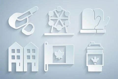 Set Flag of Canada, Christmas mitten, House, Coffee cup to go, Ferris wheel and Ilustración de archivo