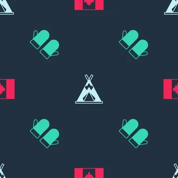 Set Flag of Canada, Indian teepee or wigwam and Christmas mitten on seamles.. Illustrazione stock