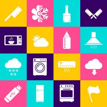 Set Flag, Cloud download, Kitchen extractor fan, Paint brush, Sun and cloud Stock Illustration