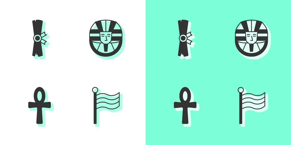 Set Flag Of Egypt, Papyrus scroll, Cross ankh and Egyptian pharaoh icon. Vector 스톡 일러스트