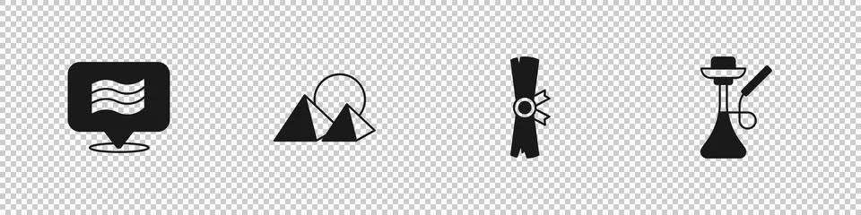 Set Flag Of Egypt, pyramids, Papyrus scroll and Hookah icon. Vector Stock Illustration