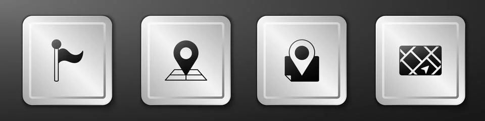 Set Flag, Folded map with location marker,  and Gps device icon. Silver squ.. Stock Illustration