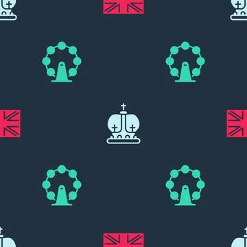 Set Flag of Great Britain, British crown and London eye on seamless pattern Stock Illustration