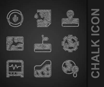 Set Flag, Ground, Global planet with bulb, Gear wheels and earth, Seismograph Stock Illustration
