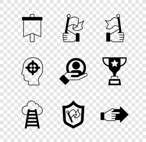 Set Flag, Hand holding flag, Stair with finish, Shield, pointing finger, Head Ilustración de archivo