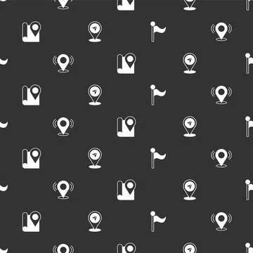 Set Flag, Map pin, Folded map with location marker and  on seamless pattern.  Stock Illustration