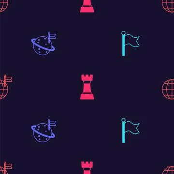 Set Flag, Moon with flag, Chess and Planet on seamless pattern. Vector Ilustração Stock