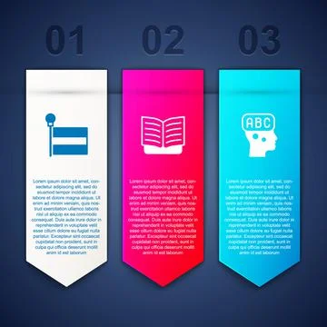 Set Flag, Open book and Learning foreign languages. Business infographic Illustrazione stock