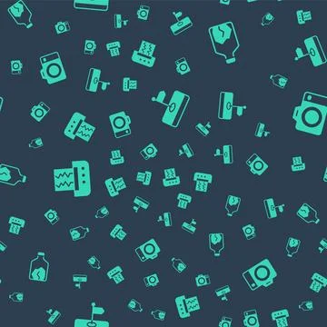 Set Flag, Ore mining, Seismograph and Photo camera on seamless pattern. Vector Stock Illustration