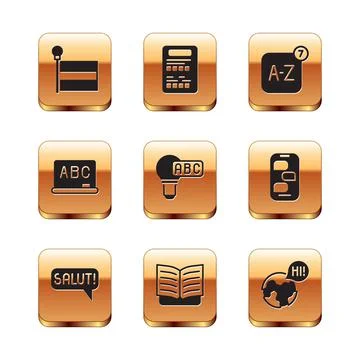 Set Flag, Salut in different languages, Open book, Creative lamp light idea Illustrazione stock