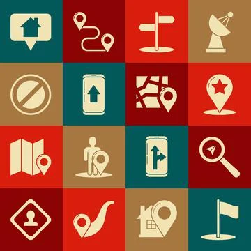 Set Flag, Search location, Map pointer with star, Road traffic sign, Infographic Stock Illustration