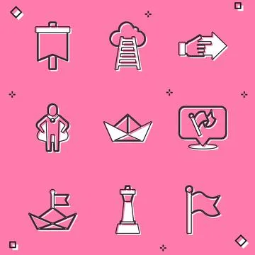 Set Flag, Stair with finish flag, Hand pointing finger, Head hunting, Folded Ilustración de archivo