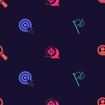 Set Flag, Target with arrow, and Magnifying glass for search on seamless pattern Stock Illustration