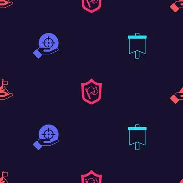 Set Flag, Target, Shield with flag and Mountains on seamless pattern. Vector Stock Illustration