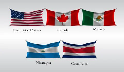 Set Flags of The Americas. Waving flag of United States of America, Canada, M Stock Illustration