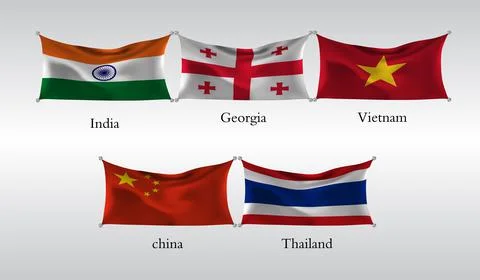Set Flags of Countries in Asia. India, Georgia, Vietnam, China, Thailand. Vec Stock Illustration