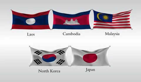 Set Flags of Countries in Asia. Waving flag of Laos, Canmodia, Malaysia, Nort Stock Illustration