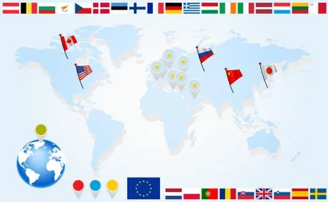 Set flags of eu countries on world map Stock Illustration