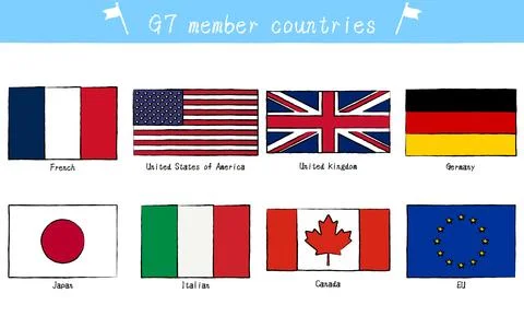 Set of flags of G7 member countries, hand-painted style Stock Illustration