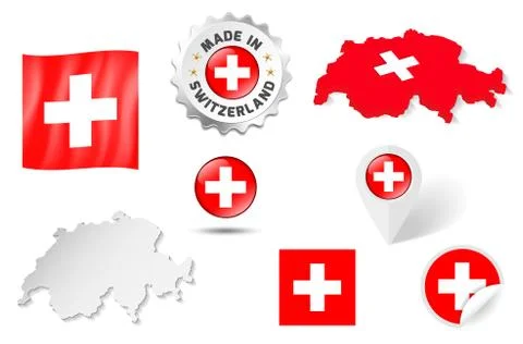 Set of flags, maps etc. of Switzerland - isolated on white Stock Illustration