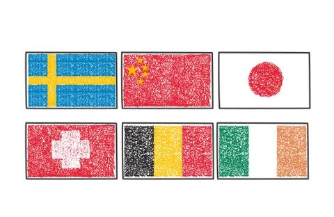 Set flags of the world icon in cartoon scribble style Stock Illustration